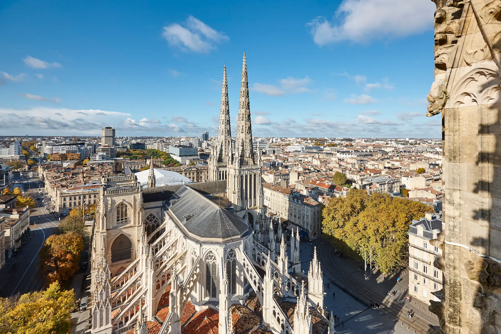 Aerial view of Saint-André Cathedral overlooking the historic center of Bordeaux, France.