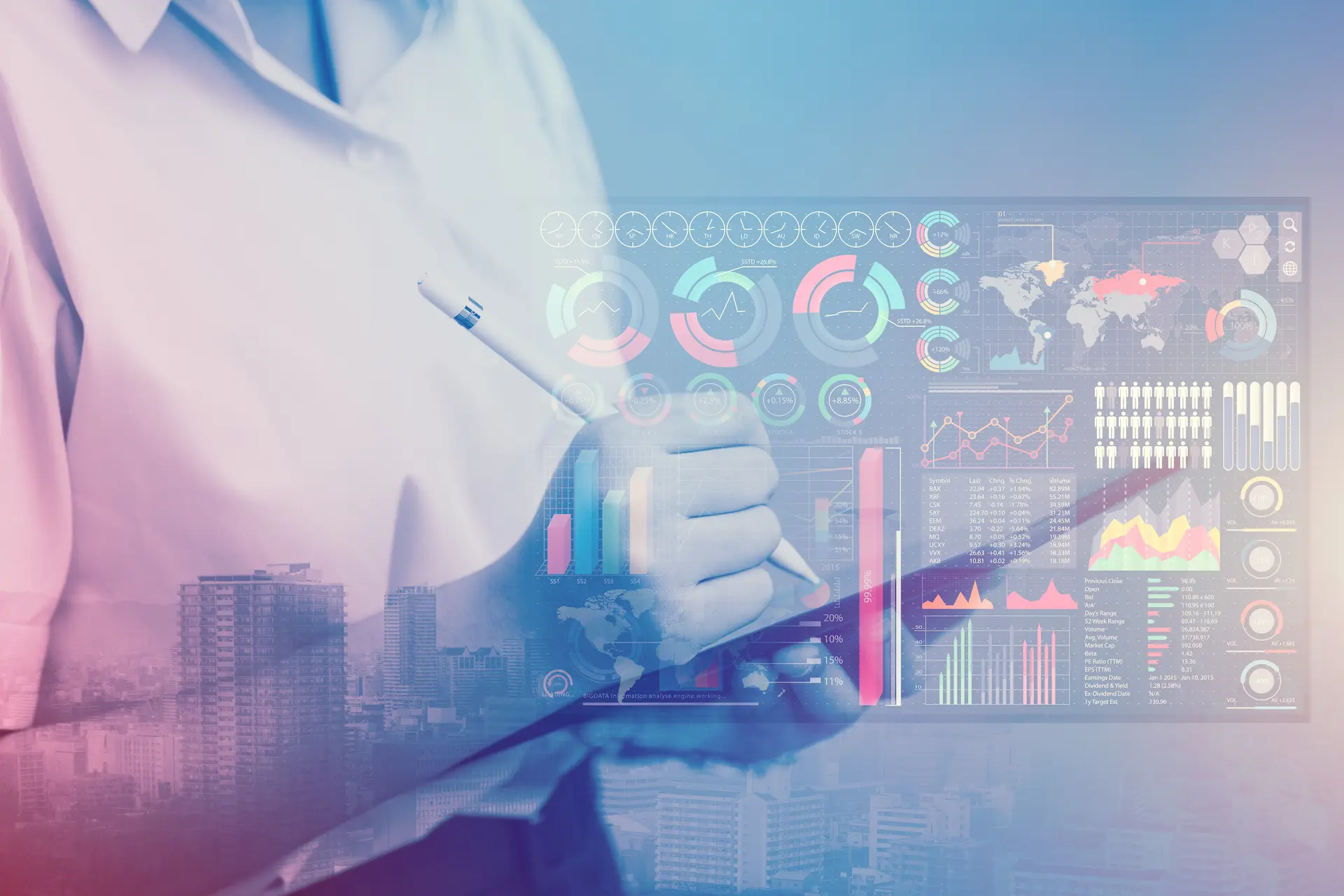 Business Analytics MBA student analyzing interactive data dashboards and business intelligence metrics at International American University Bordeaux.